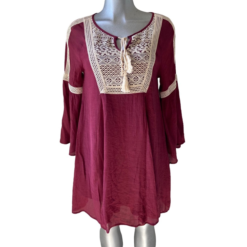 ENTRO Peasant Bohemian Shirt Dress Size Medium Burgundy Crochet Chest Festival